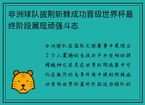 非洲球队披荆斩棘成功晋级世界杯最终阶段展现顽强斗志